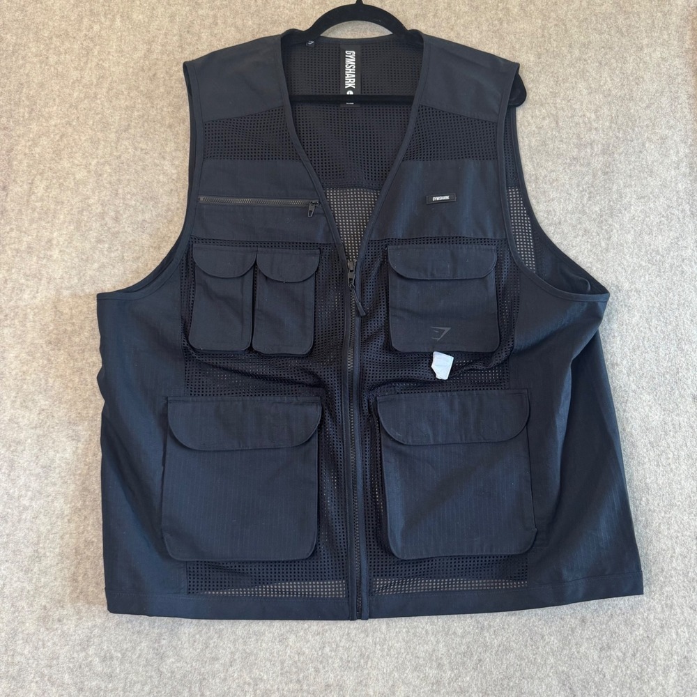 Gymshark Mesh Utility Cargo Vest Mens Large Black Full Zip Tactical Streetwear